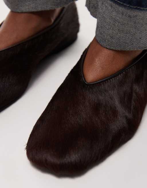 ARKET real leather cow hair oval shape ballerina ballet pumps in dark brown, 2 of 4