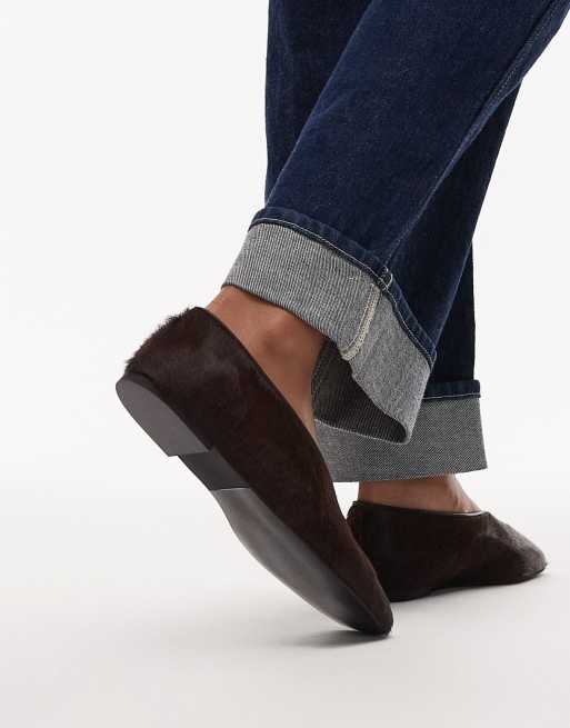 ARKET real leather cow hair oval shape ballerina ballet pumps in dark brown, 3 of 4