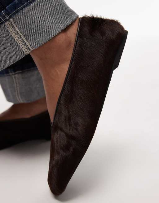 ARKET real leather cow hair oval shape ballerina ballet pumps in dark brown, 4 of 4