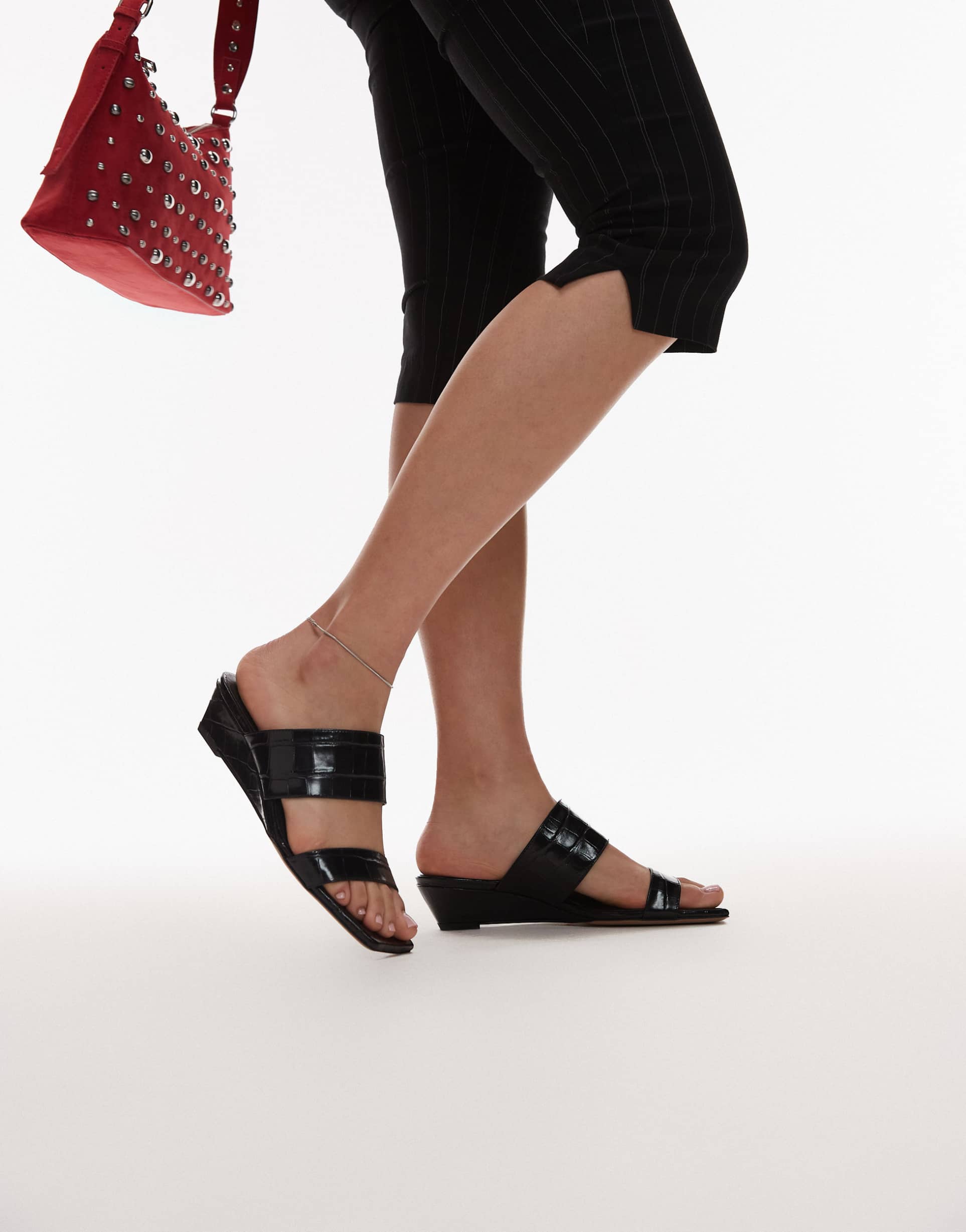 arket real leather croc wedge sandals in black