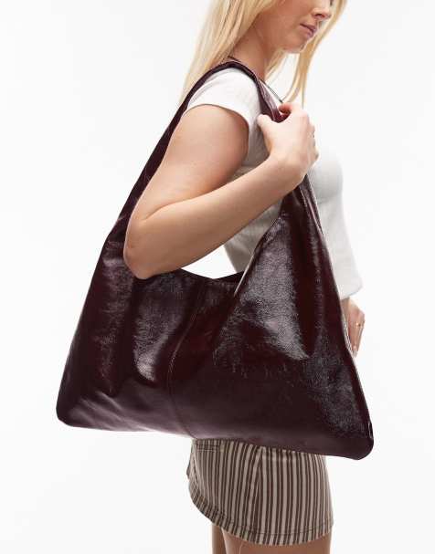 ARKET real leather large shiny slouchy tote bag in burgundy - view 1
