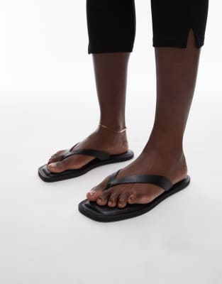 real leather square toe chunky flip flops in black