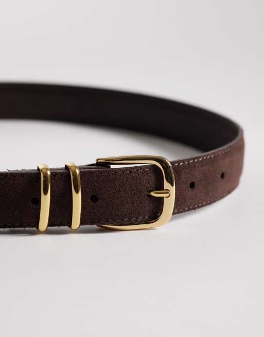 ARKET real pure suede leather belt with gold buckle in brown, 3 of 3