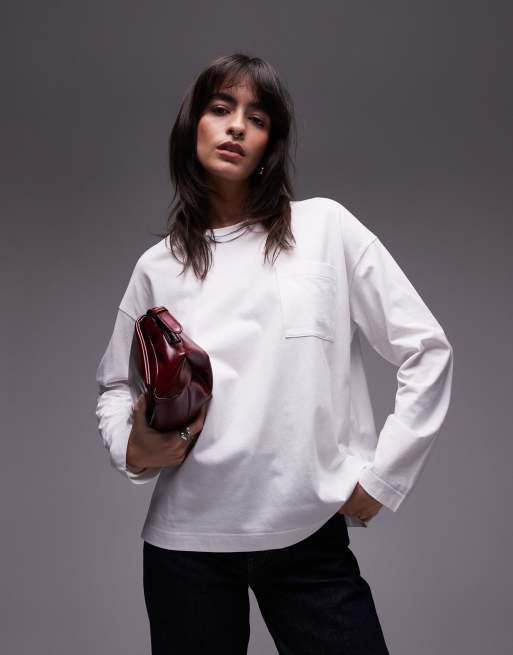 ARKET - Rechte jersey top met lange mouwen een zak in wit