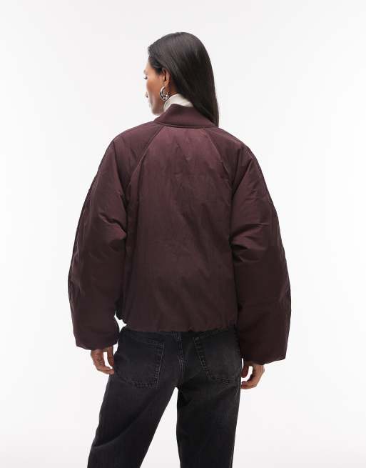 ARKET redown padded bomber jacket in burgundy, 3 of 4