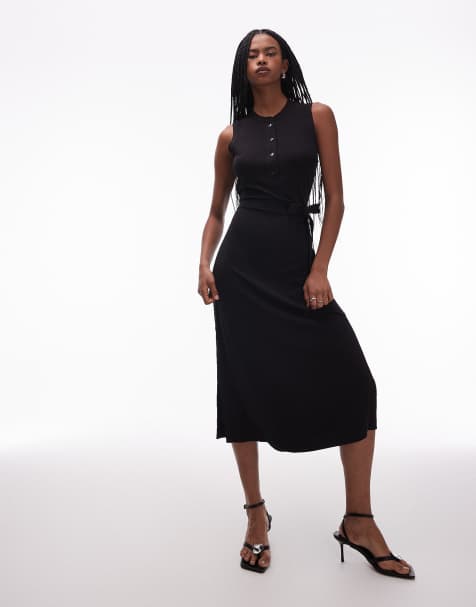 ARKET - Rekbare mouwloze Henley midi jurk met ceintuur in zwart - view 1