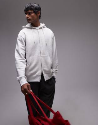 relaxed hoodie with zip front in light gray melange