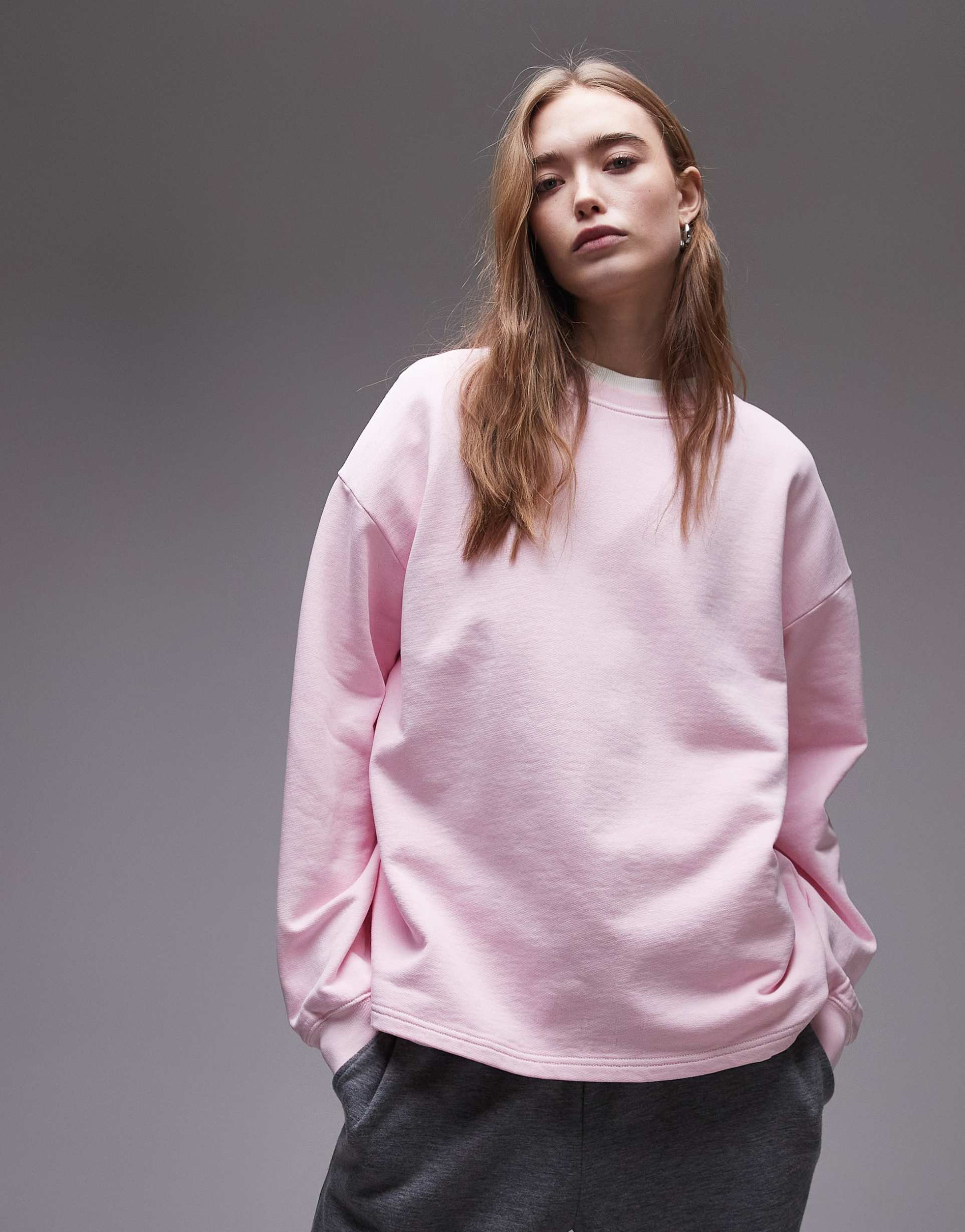arket relaxed soft crew neck terry sweatshirt in light pink