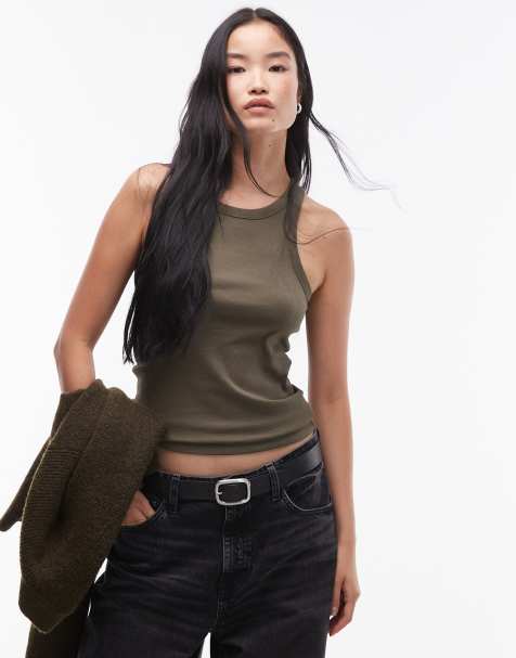 ARKET rib jersey racer back tank vest in khaki green - view 1