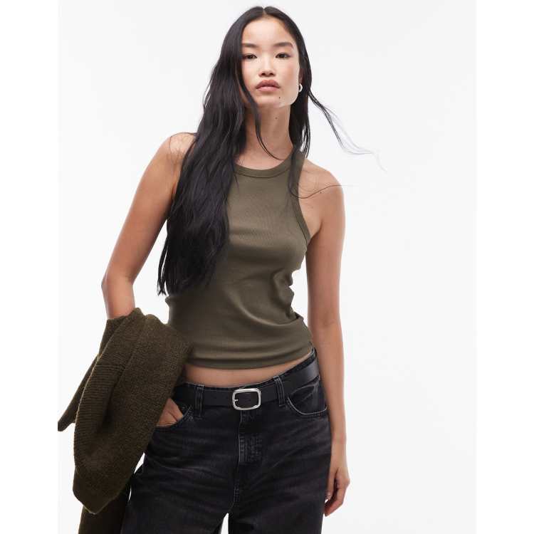 ARKET rib jersey racer back tank vest in khaki green | ASOS