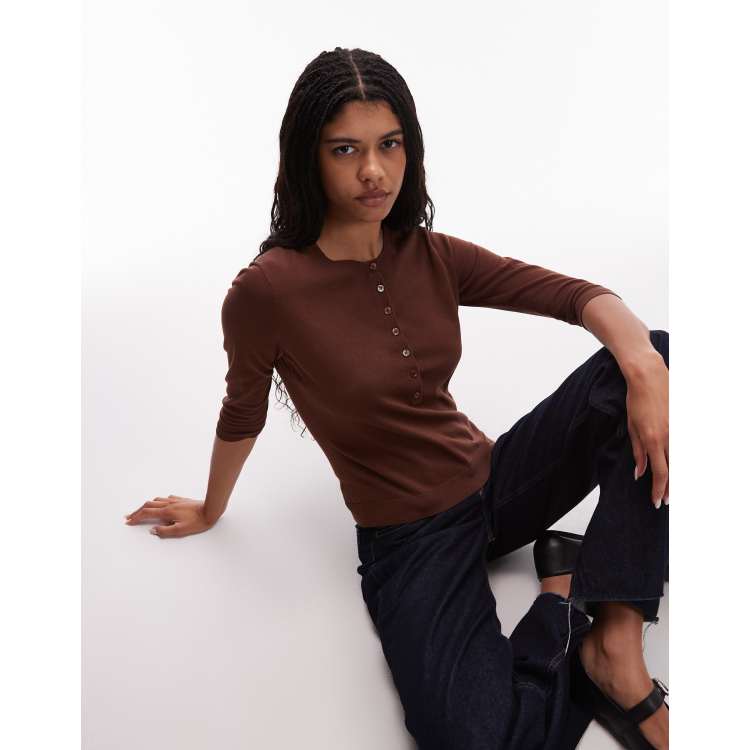 ARKET rib knit henley top with long sleeves in dark brown | ASOS