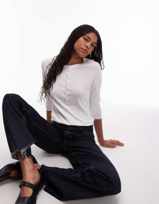 rib knit henley top with long sleeves in white