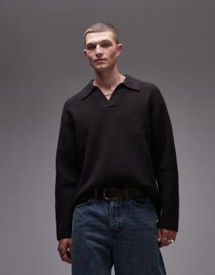 rib knit wool sweater with polo collar in dark brown