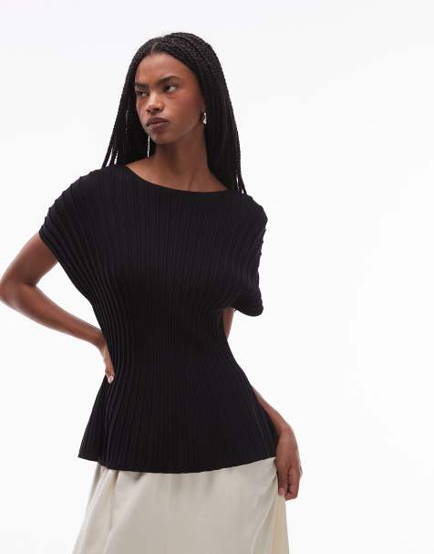 ARKET ribbed cinched waist peplum top in black - view 1
