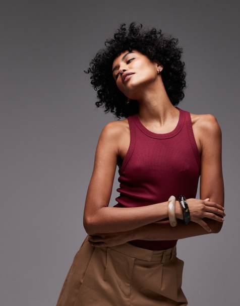 ARKET ribbed jersey racer back tank top in dark red - view 1