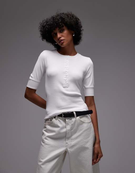ARKET ribbed t-shirt with short sleeves and woven binding in off white