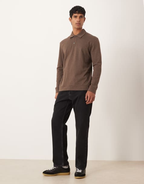 ARKET rich cotton polo collar half button jersey top in dark mole brown - view 1