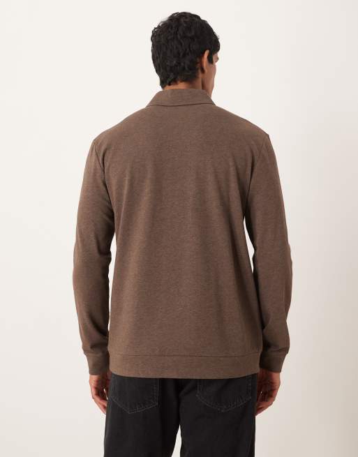 ARKET rich cotton polo collar half button jersey top in dark mole brown, 3 of 5