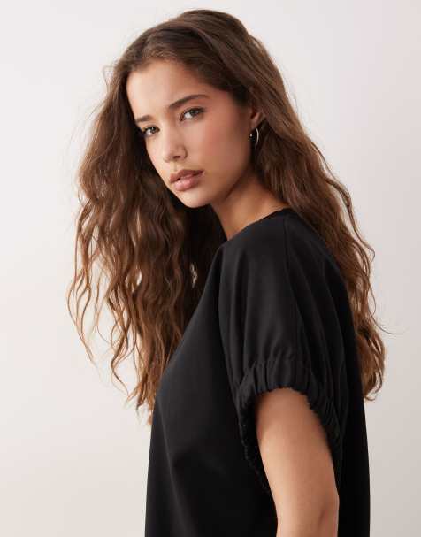 ARKET rich cotton short elasticated sleeve top in black - view 1
