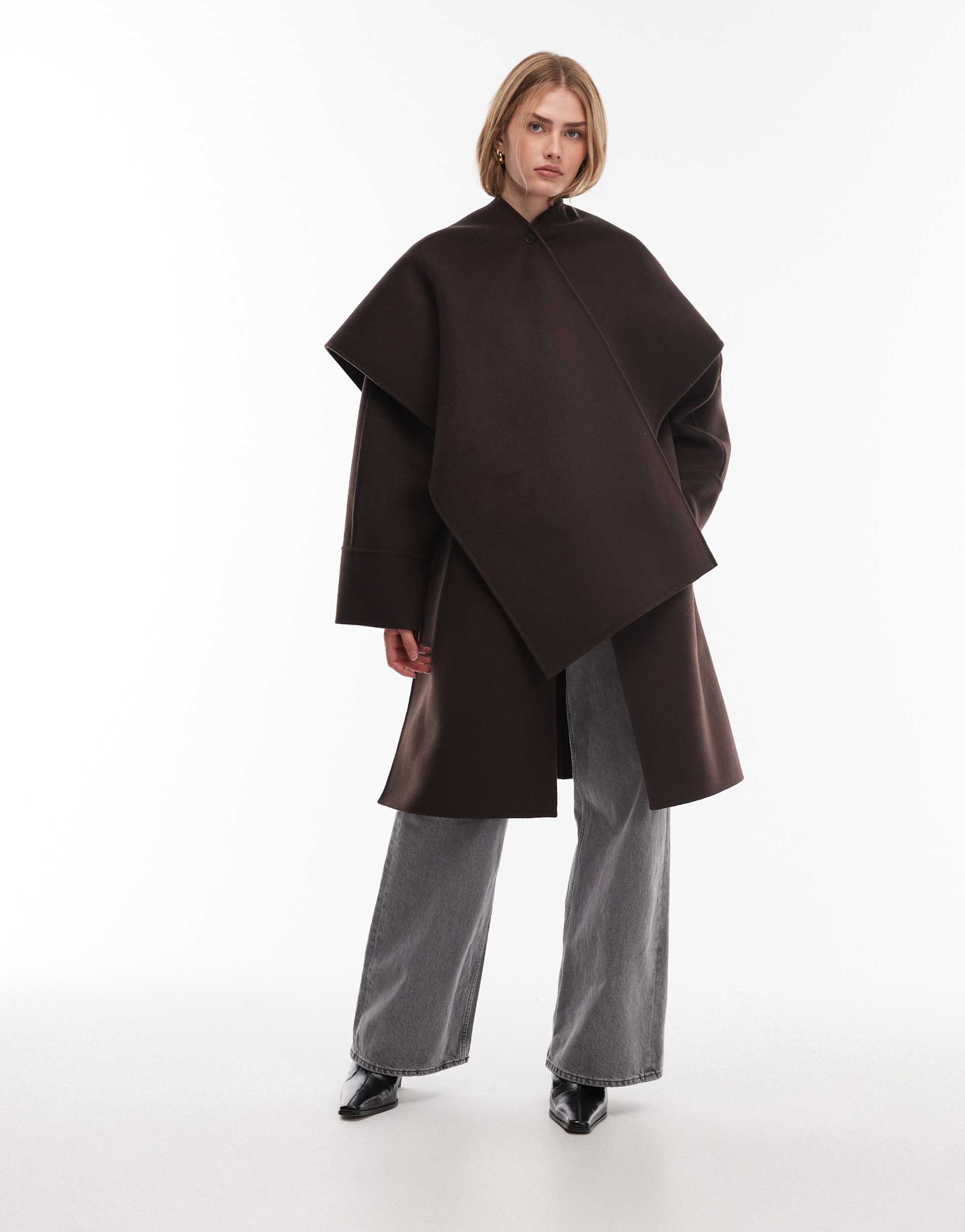 arket rich wool look midi coat with detachable scarf in chocolate brown