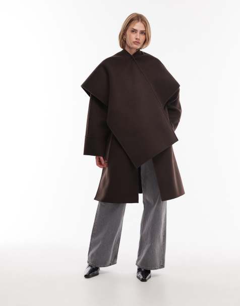 ARKET rich wool midi coat with detachable scarf in chocolate brown - view 1
