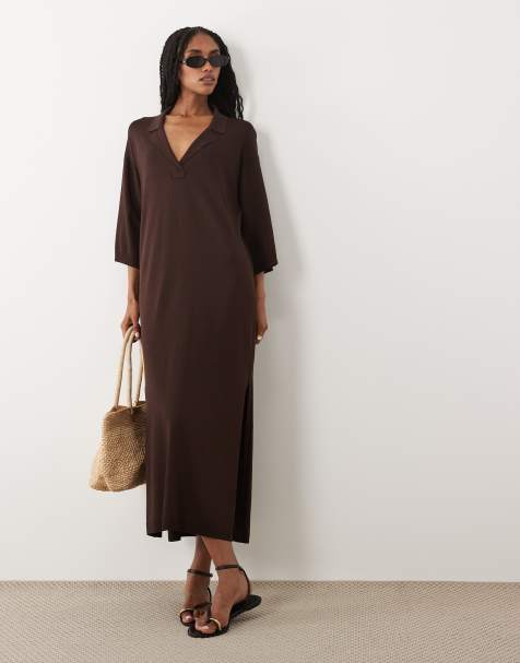 ARKET - Robe chemise en maille ajourée avec col polo - Marron - view 1