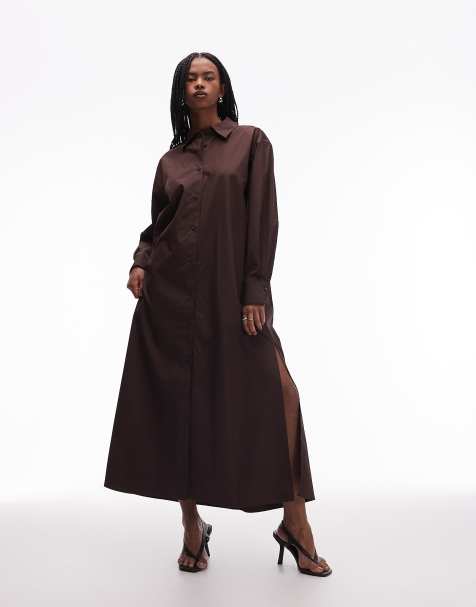 ARKET - Robe chemise longue en pur coton fendue sur les côtés - Marron foncé - view 1