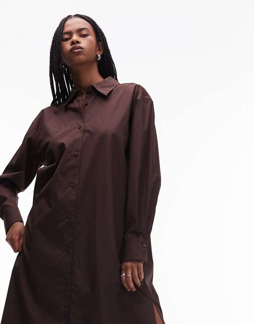 ARKET - Robe chemise longue en pur coton fendue sur les côtés - Marron foncé, 3 de 4