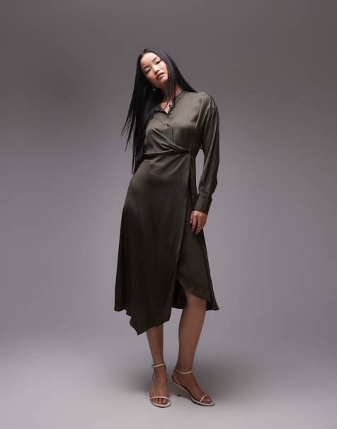 ARKET - Robe chemise mi-longue à détail drapé asymétrique - Vert kaki - view 1