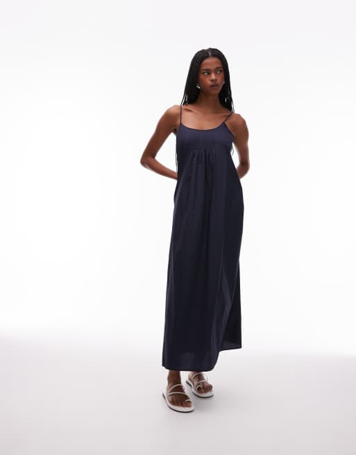 ARKET - Robe de plage longue en popeline de coton à fines bretelles avec nervures - Bleu