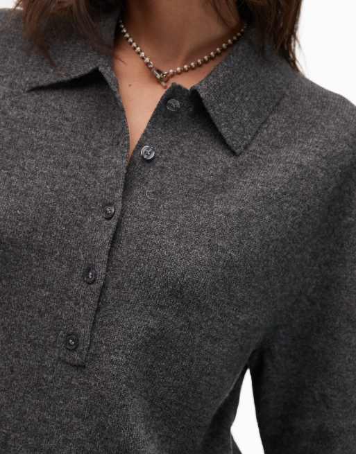 ARKET Robe longueur mollet en maille de laine avec col polo a large patte de boutonnage Gris fonce ASOS