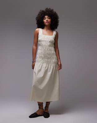 Robe mi-longue en coton majoritaire à taille basse et corsage smocké - Beige-Neutre 40