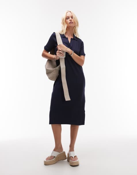 ARKET - Robe mi-longue en jersey côtelé avec col polo - Bleu marine - view 1