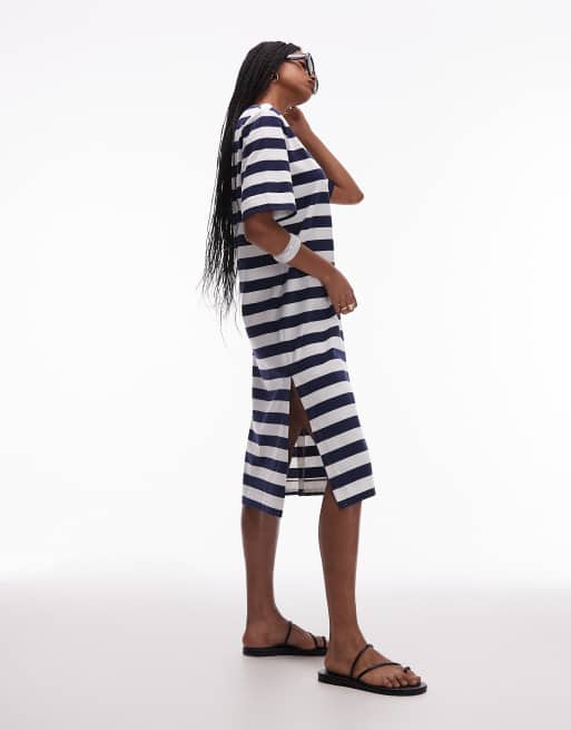ARKET - Robe t-shirt mi-longue coupe carrée à rayures - Bleu marine et blanc