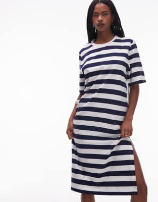 ARKET - Robe t-shirt mi-longue en pur coton coupe carrée à rayures - Bleu marine et blanc