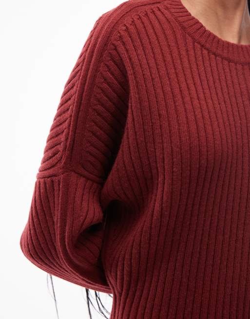 ARKET – Roströd, ribbad tröja med markerad midja och pingvinärmar i ren ylle, 3 av 4
