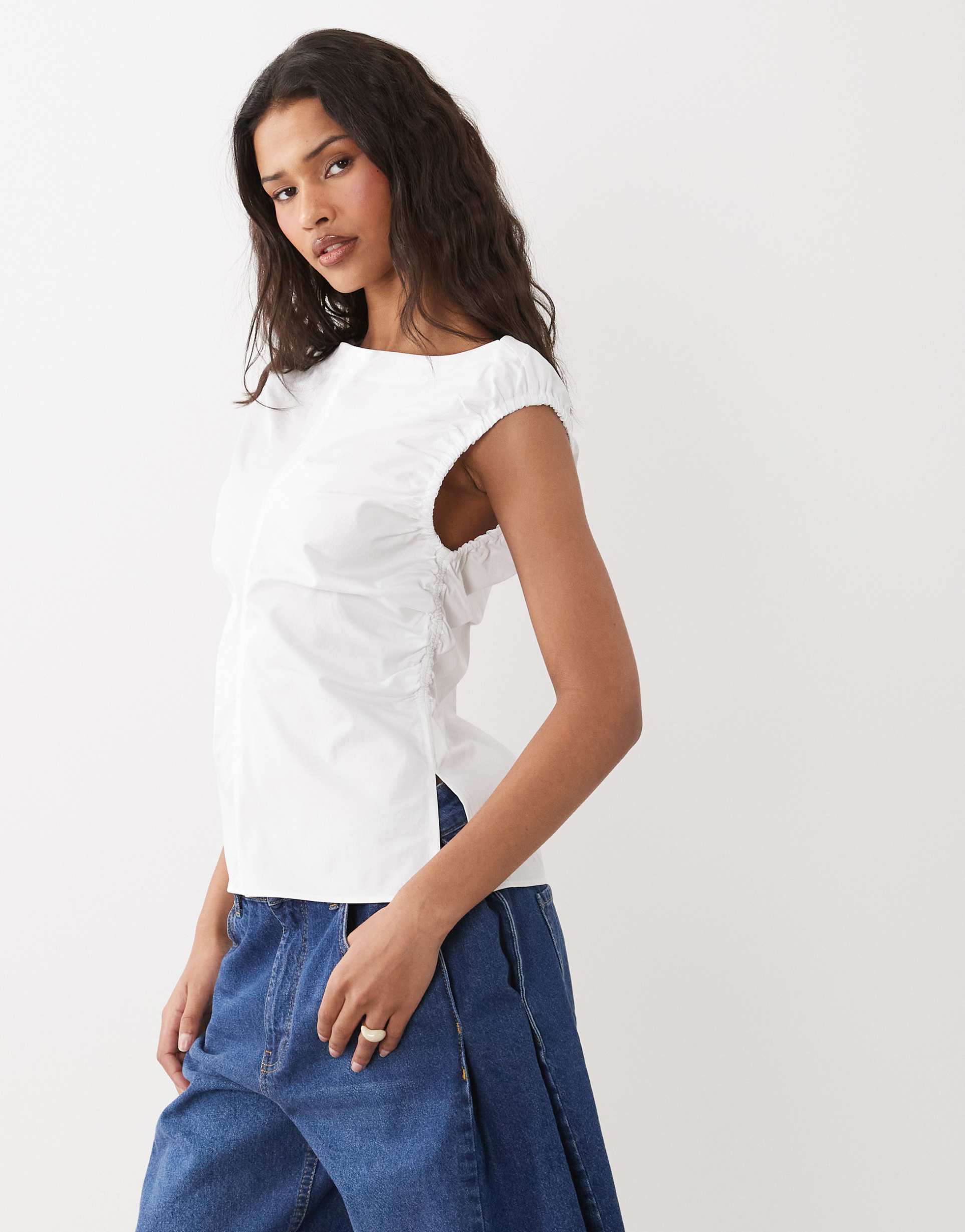 arket ruched off shoulder top in white