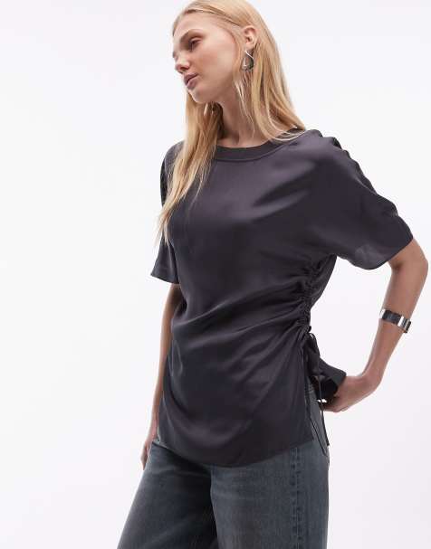 ARKET satin longline t-shirt with ruched waist in dark gray - view 1