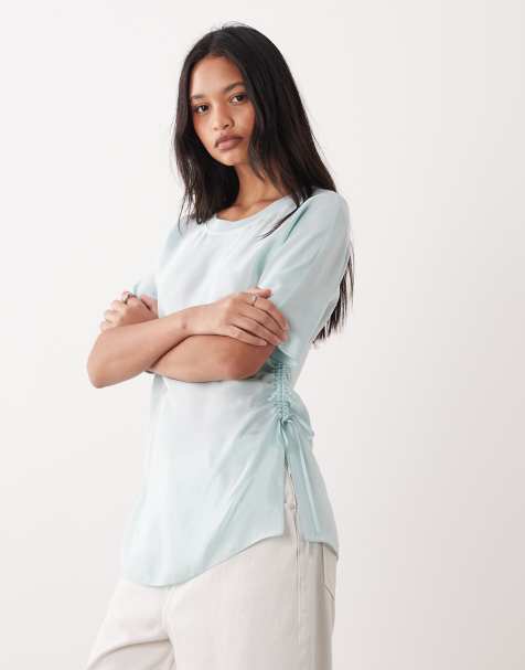 ARKET satin longline t-shirt with ruched waist in mint green - view 1