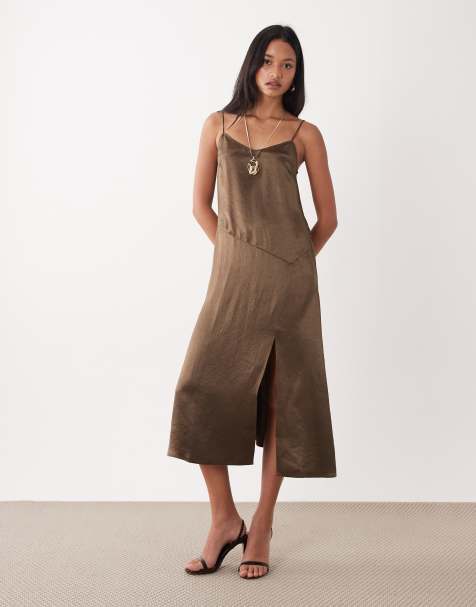 ARKET satin slip dress with slit in light brown - view 1