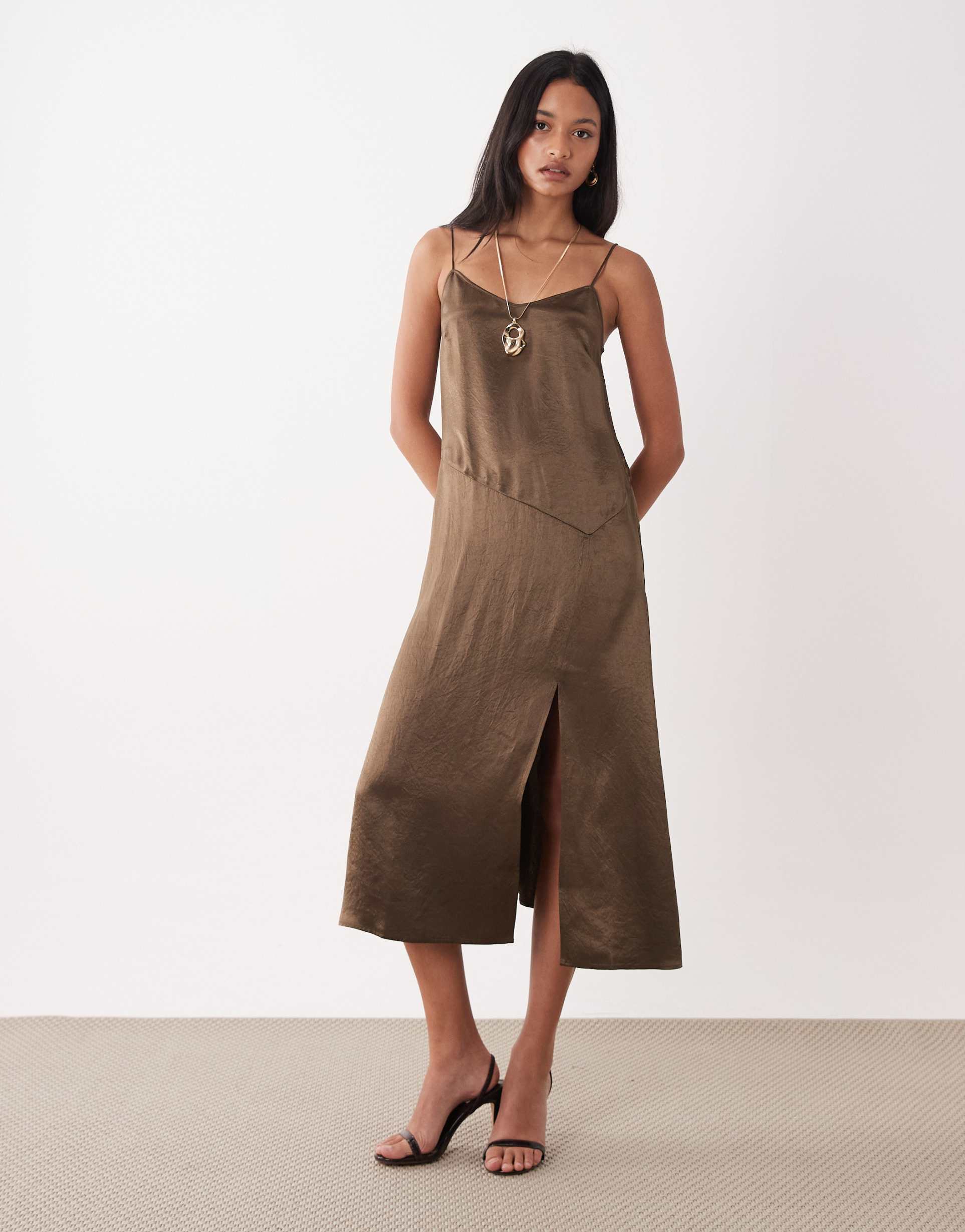 arket satin slip dress with slit in light brown