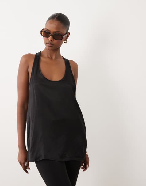 ARKET satin tank top with racer back in black - view 1
