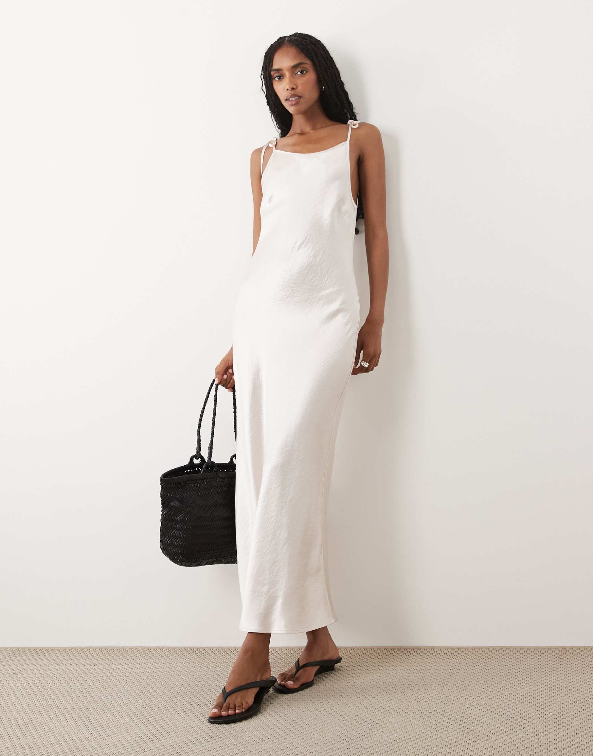 arket satin tie shoulder midi slip dress in pink