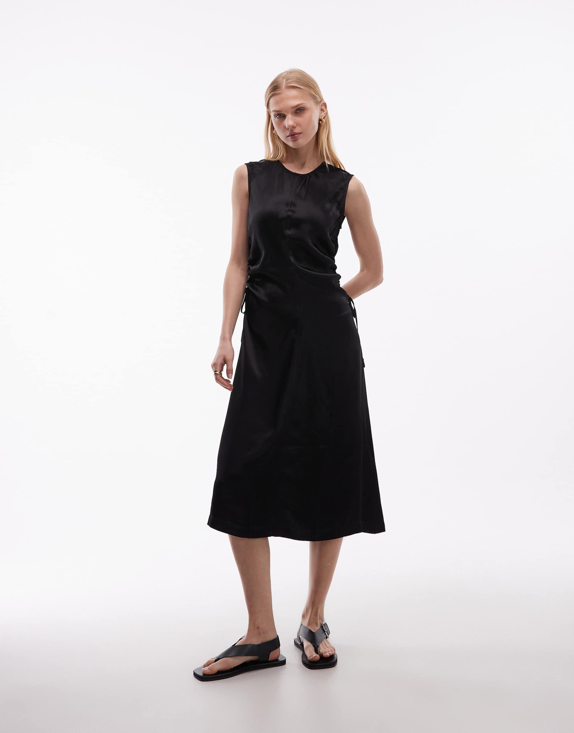 arket satin utlility cinched waist maxi dress in black