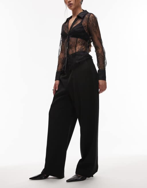 ARKET satin wide straight leg tailored pants with elastic waist in black , 2 of 5