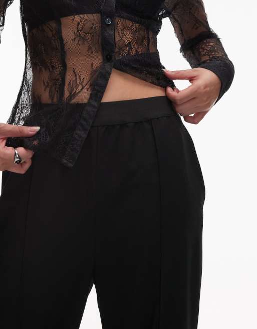 ARKET satin wide straight leg tailored pants with elastic waist in black , 4 of 5
