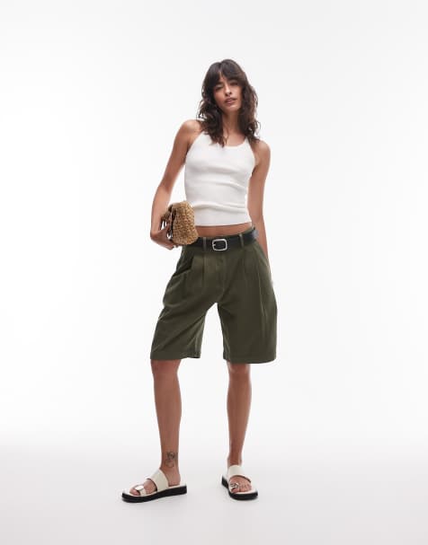 ARKET mid waist front crease bermuda shorts in khaki