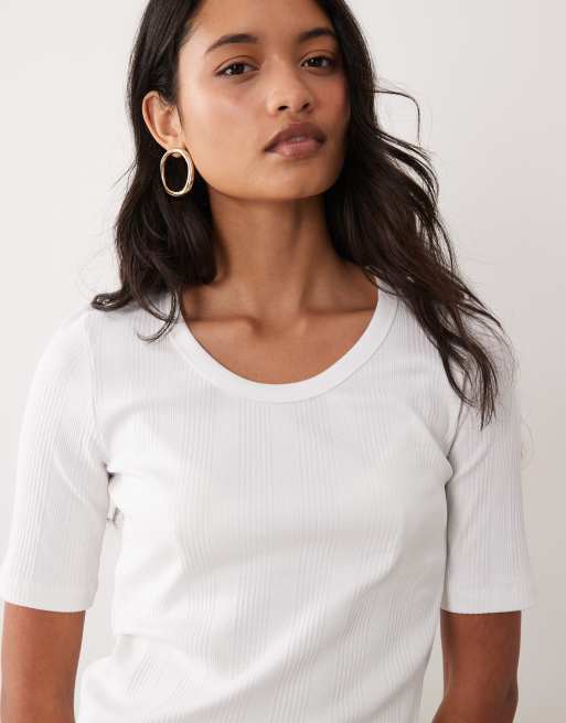 ARKET scoop neck wide rib t-shirt in white, 3 of 4