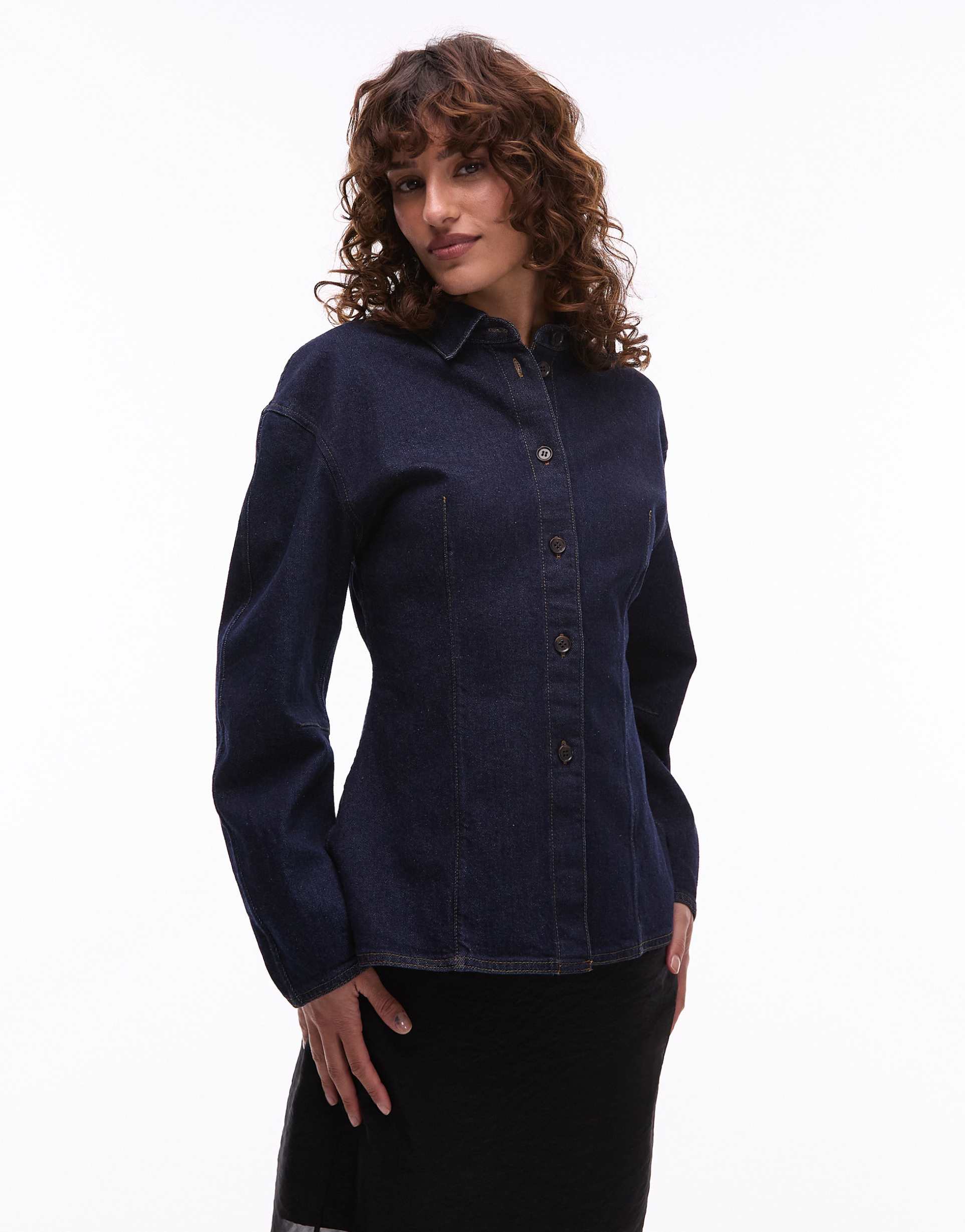 arket sculptural denim shirt with cinched waist in clean indigo