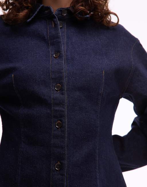 ARKET sculptural denim shirt with cinched waist in clean indigo